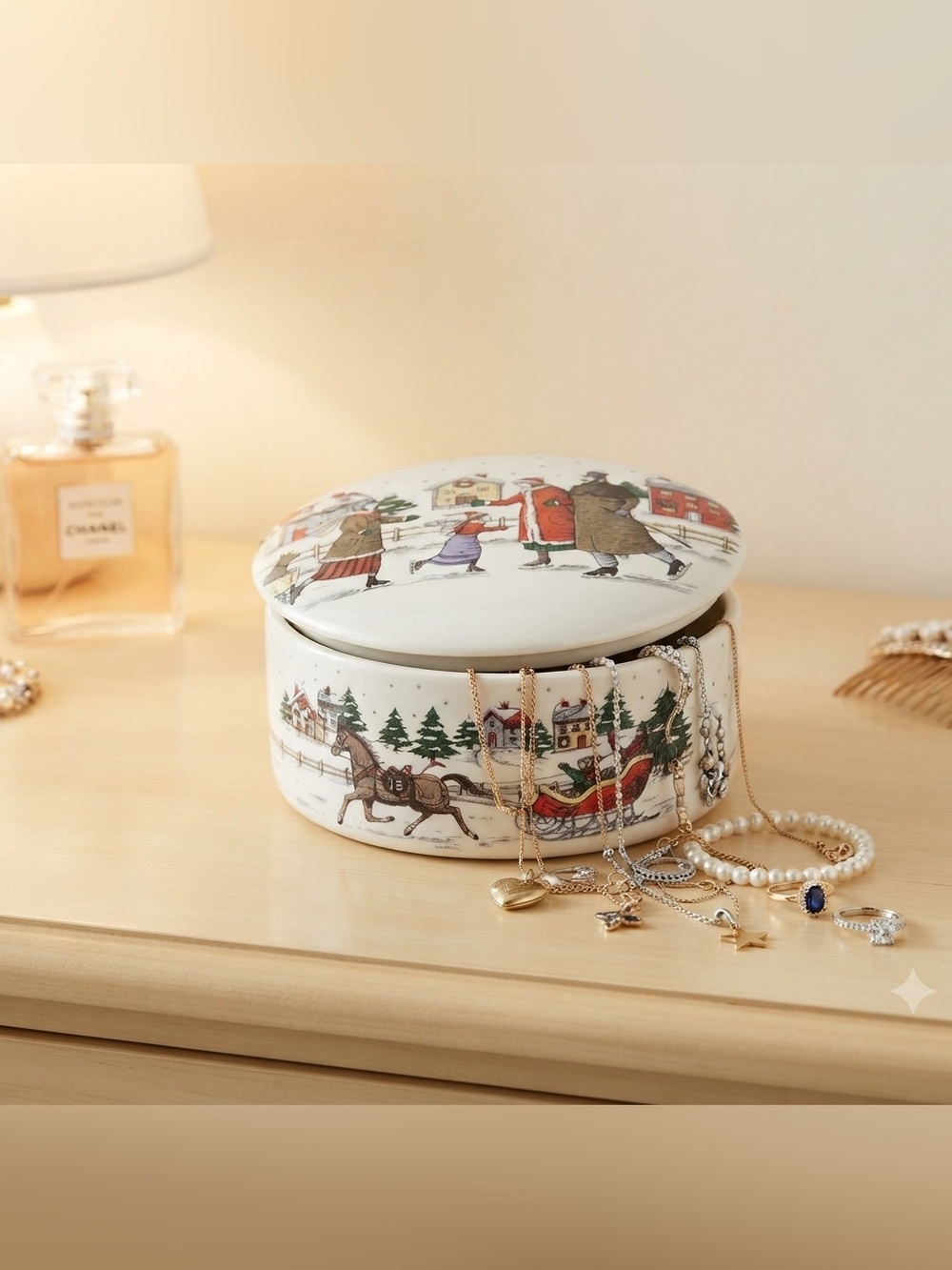 Vintage Studio Nova Christmas Trinket Box /Skaters & Sleigh Ride